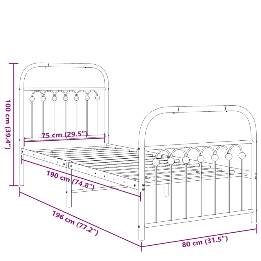 Cadre de lit métal sans matelas avec pied de lit blanc 75x190cm - 8