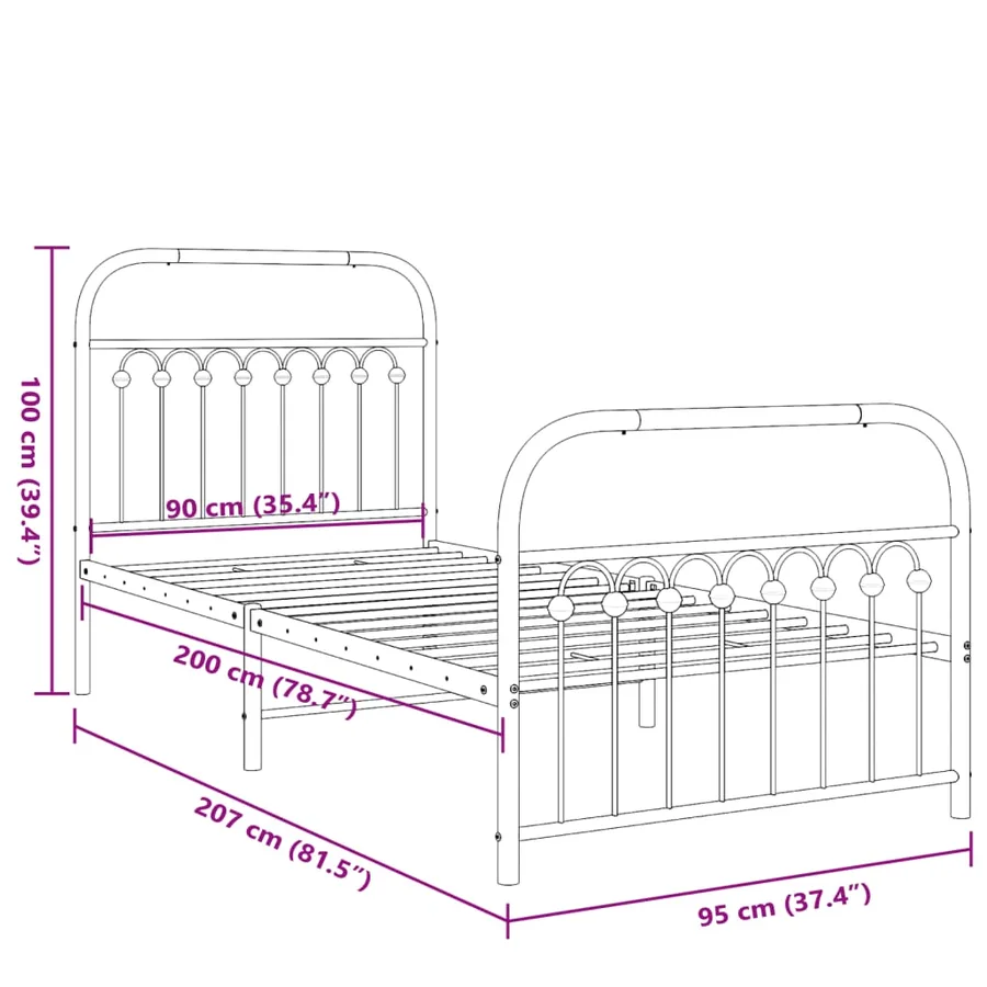 Cadre de lit métal sans matelas avec pied de lit blanc 90x200cm - 8
