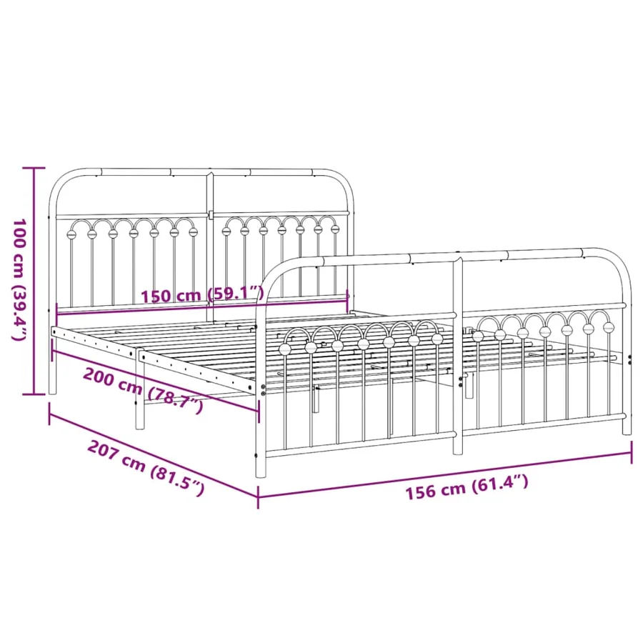 Cadre de lit métal sans matelas avec pied de lit noir 150x200cm - 8