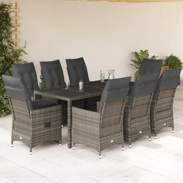 Ensemble à manger de jardin 9 pcs coussins gris résine tressée