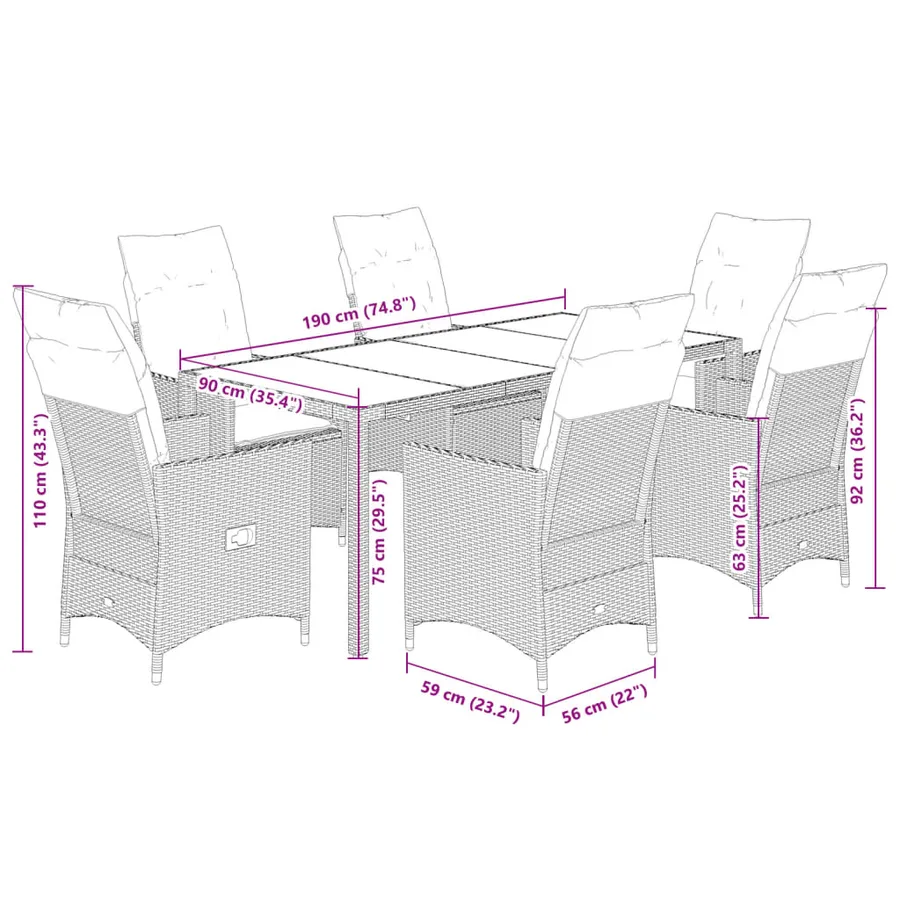 Ensemble à manger de jardin et coussins 7 pcs gris rotin - 7