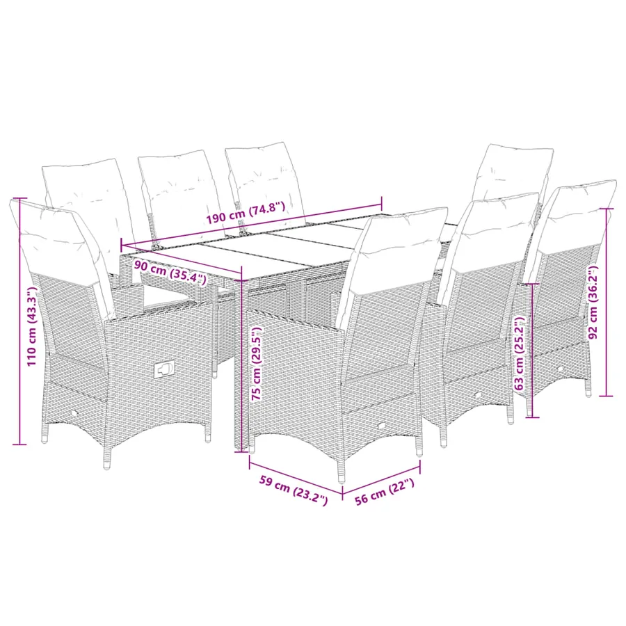 Ensemble à manger de jardin et coussins 9 pcs marron poly rotin - 7