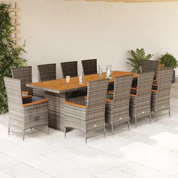 Ensemble à manger de jardin 11pcs avec coussins gris poly rotin