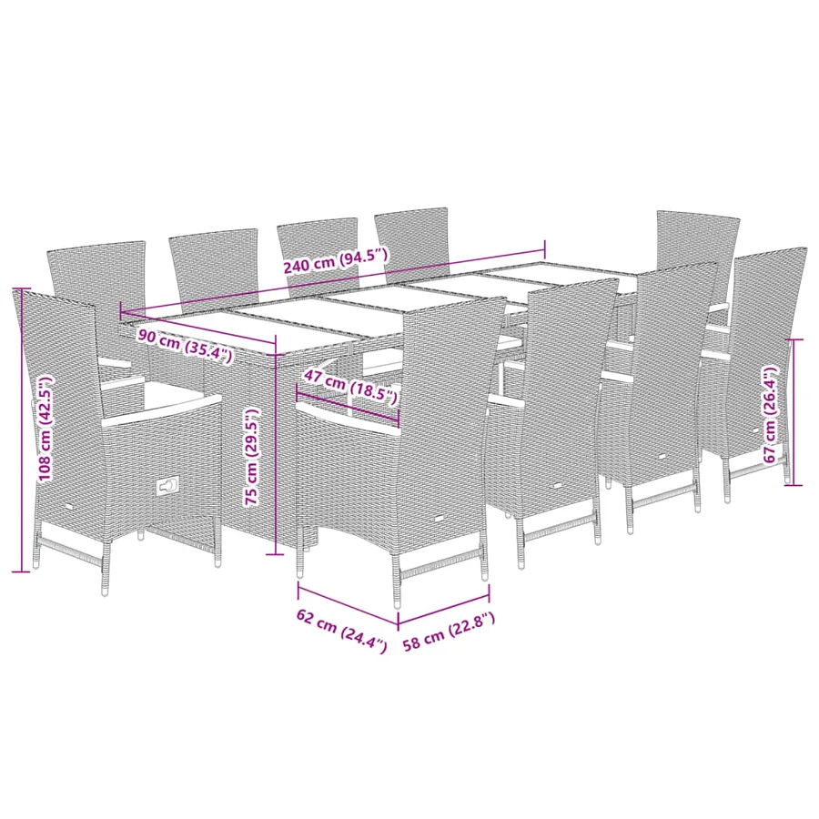 Ensemble à manger de jardin 11pcs avec coussins gris poly rotin - 8