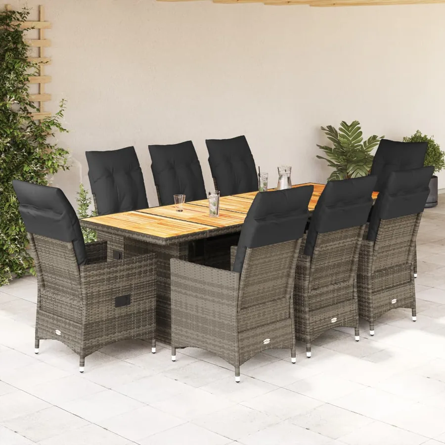 Ensemble de bistro de jardin 9 pcs coussins gris poly rotin