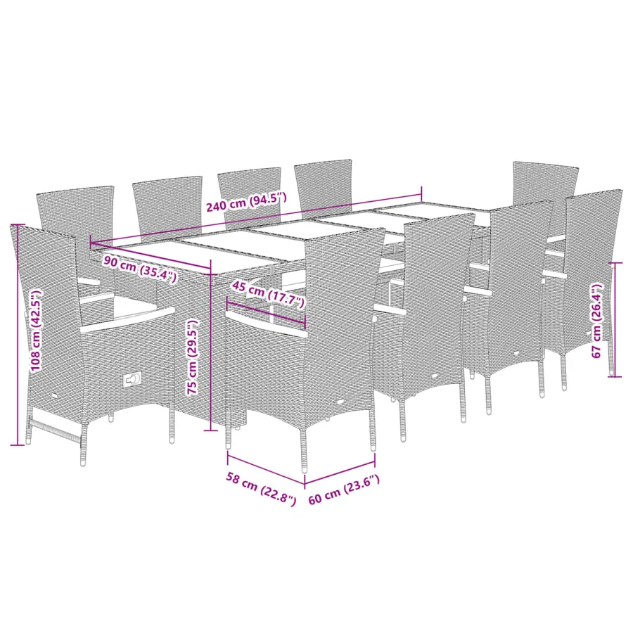 Ensemble à manger de jardin 11pcs avec coussins gris poly rotin - 7