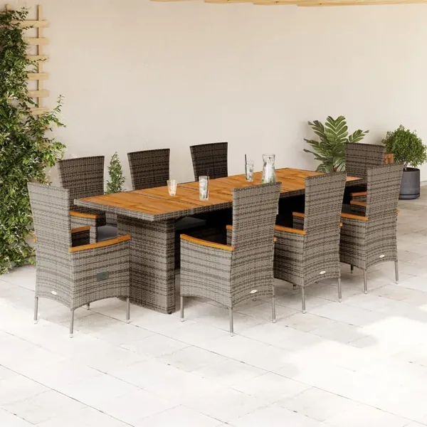 Ensemble à manger de jardin 9 pcs coussins gris résine tressée