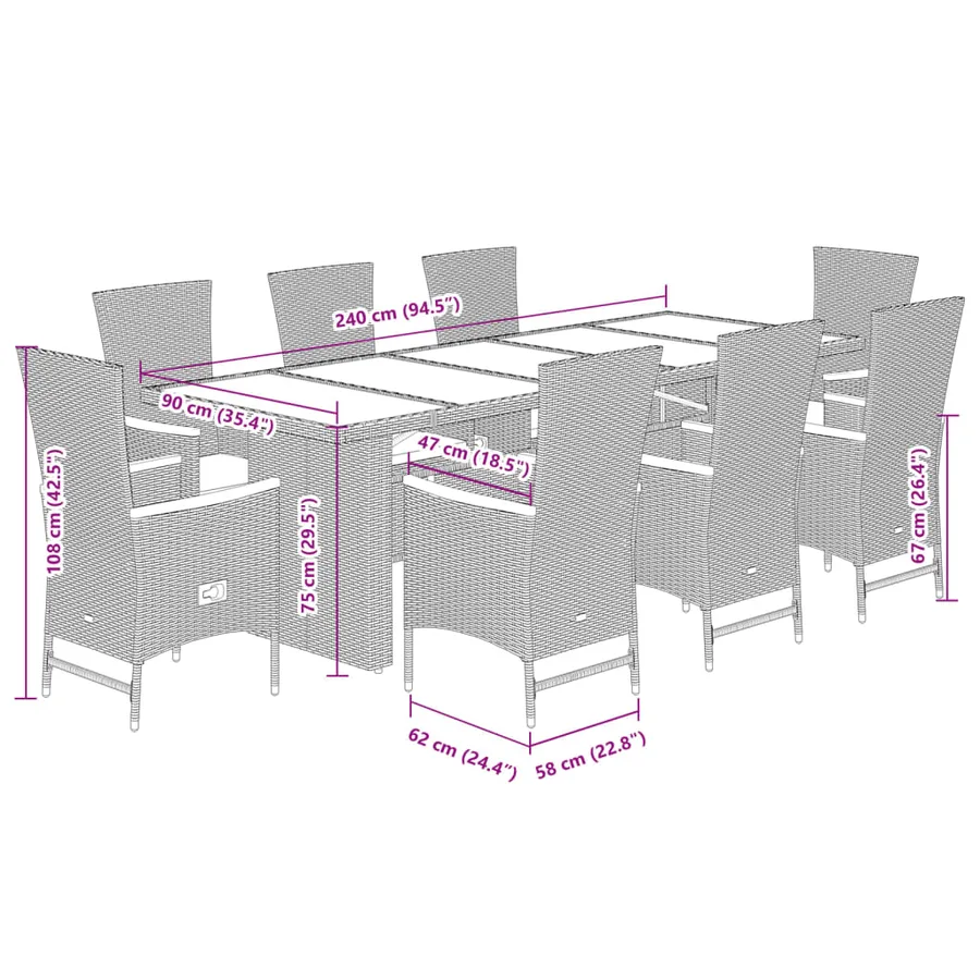 Ensemble à manger de jardin 9pcs coussins noir résine tressée - 7