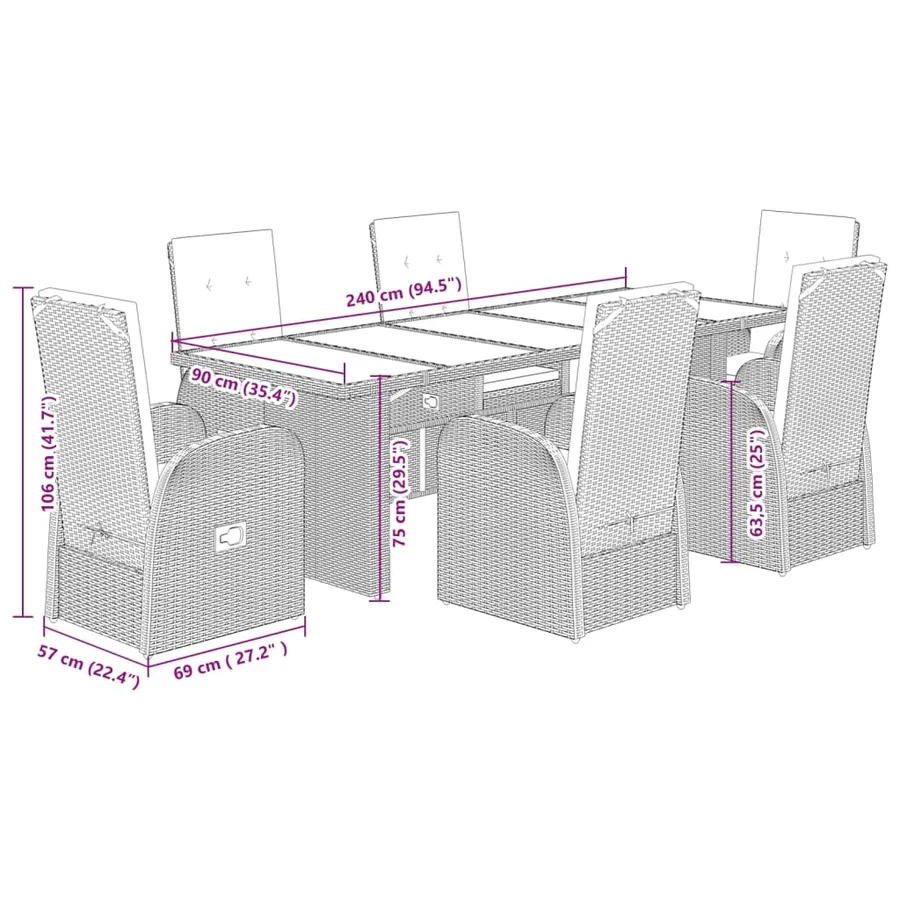 Ensemble à manger de jardin et coussins 7 pcs gris rotin - 7