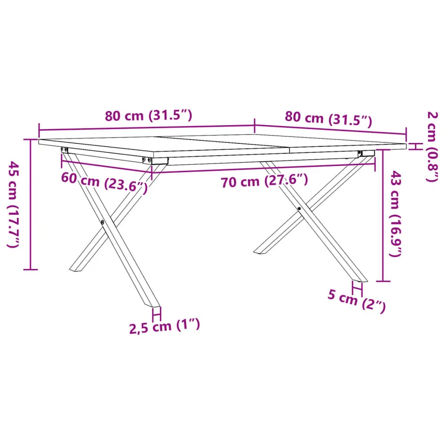 Table basse cadre en X 80x80x45 cm bois de pin massif et acier - 10