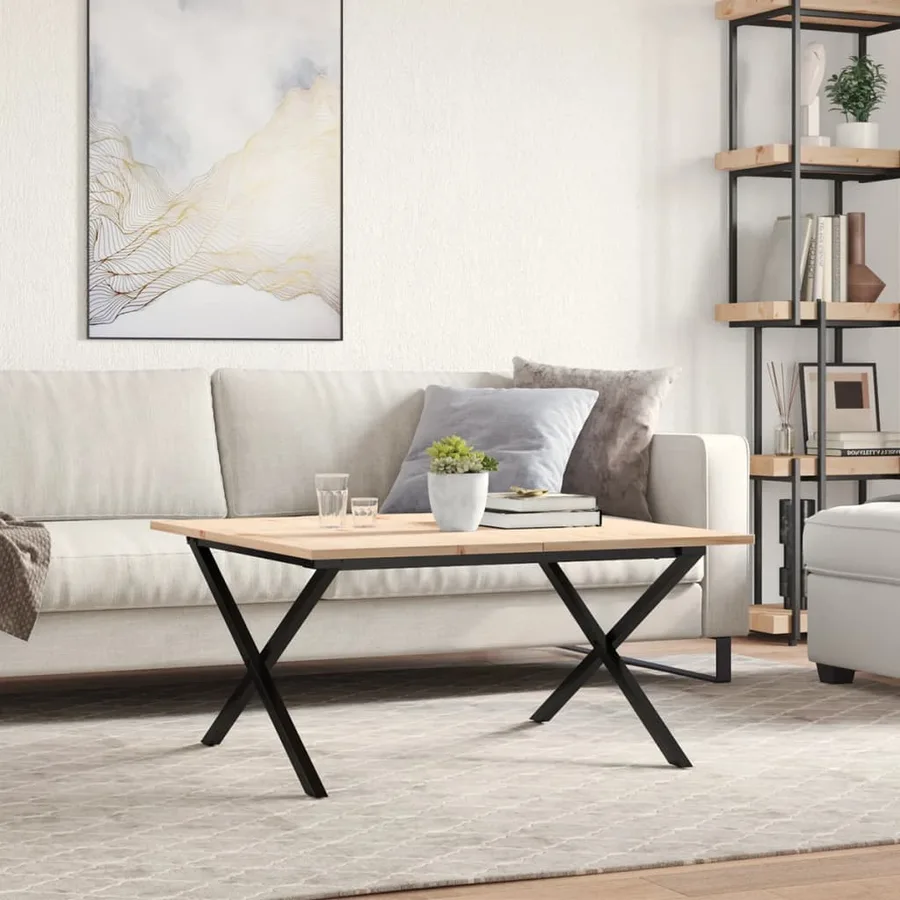 Table basse cadre en X 80x80x45 cm bois de pin massif et acier - 3