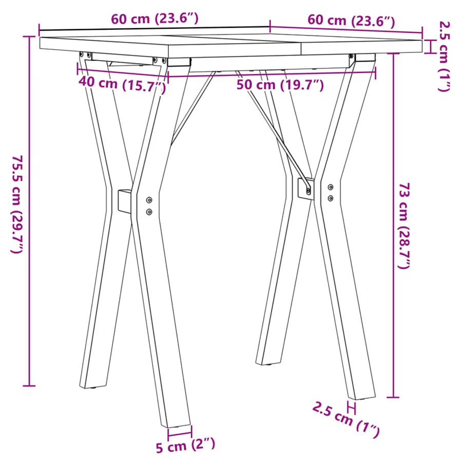 Table à manger cadre en Y 60x60x75,5cm bois de pin massif acier - 10