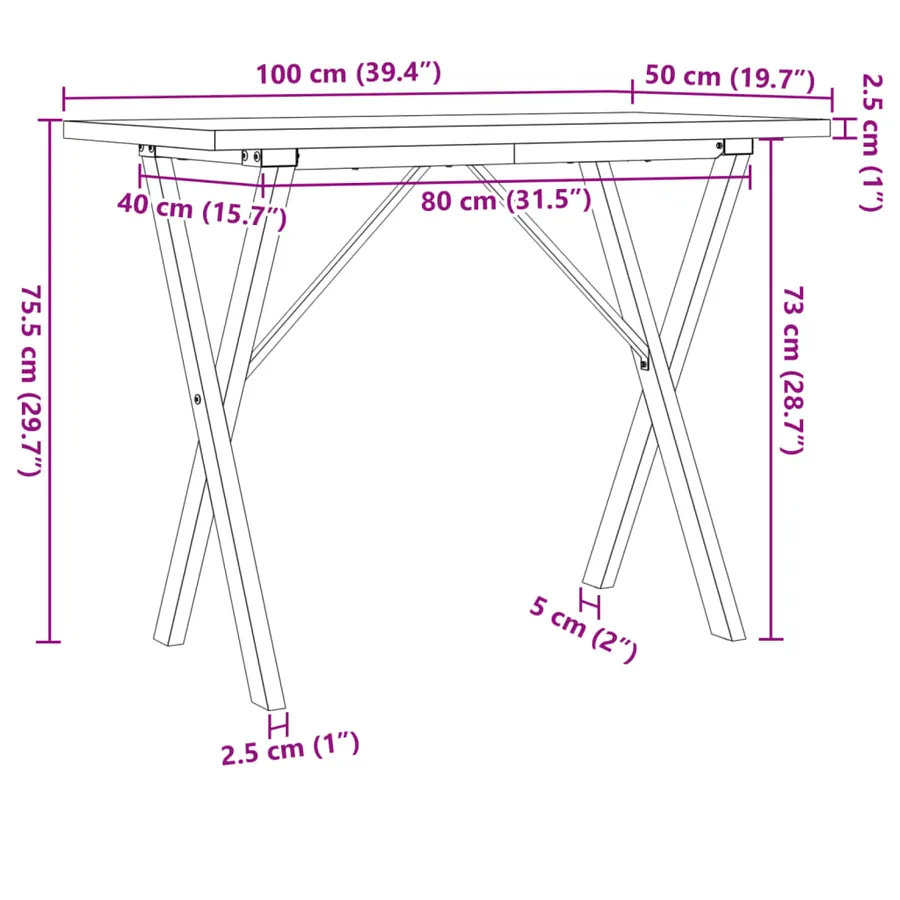 Table à manger cadre en X 100x50x75,5 cm bois pin massif acier - 10
