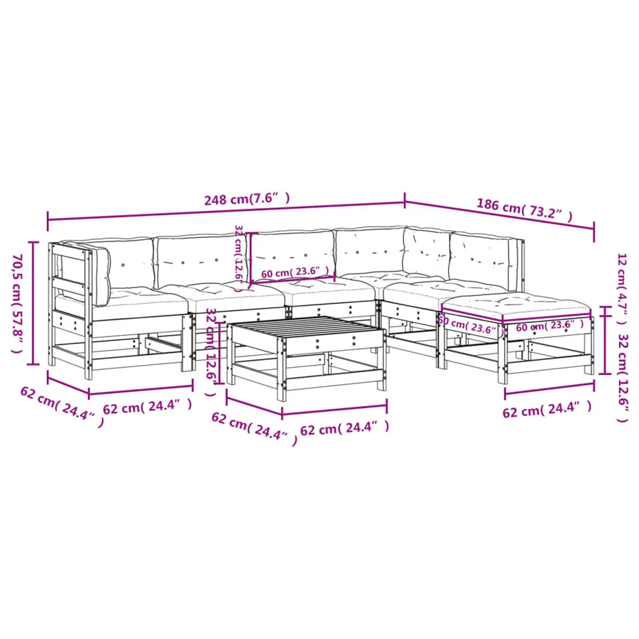 Salon de jardin 7 pcs avec coussins bois de pin imprégné - 9
