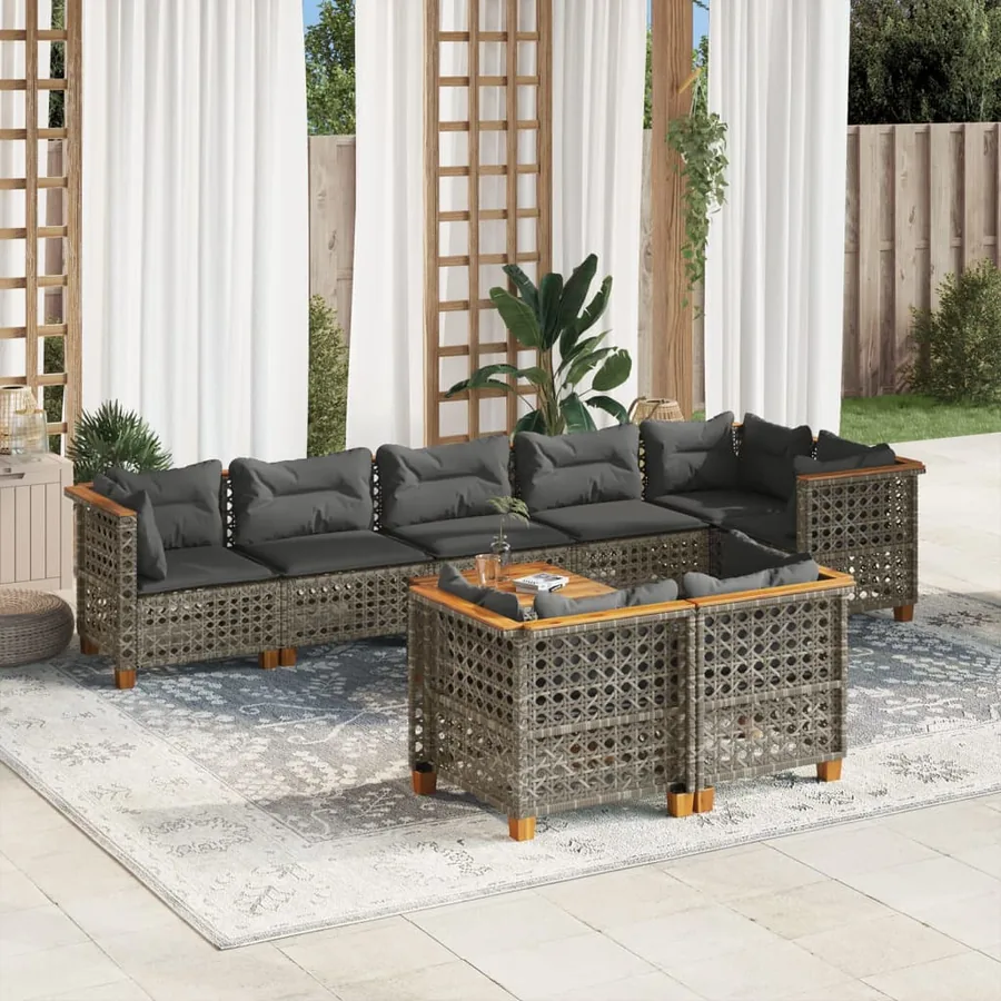 Salon de jardin 9 pcs avec coussins gris résine tressée
