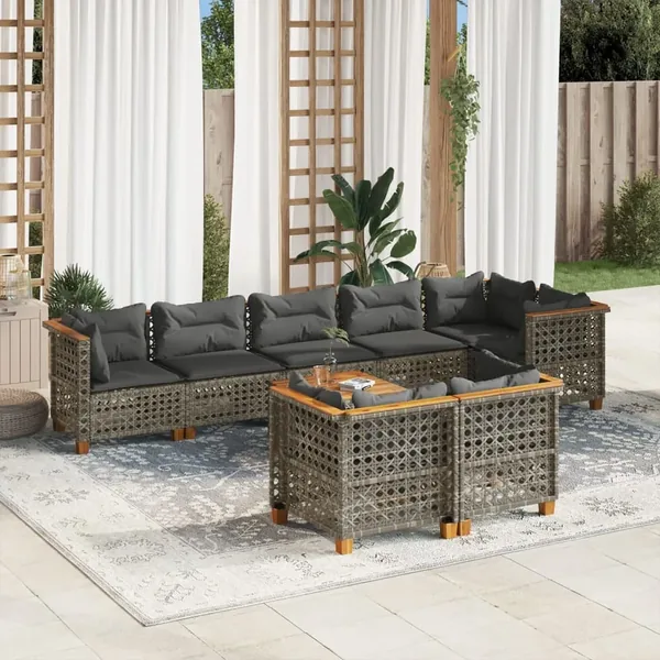Salon de jardin 9 pcs avec coussins gris résine tressée