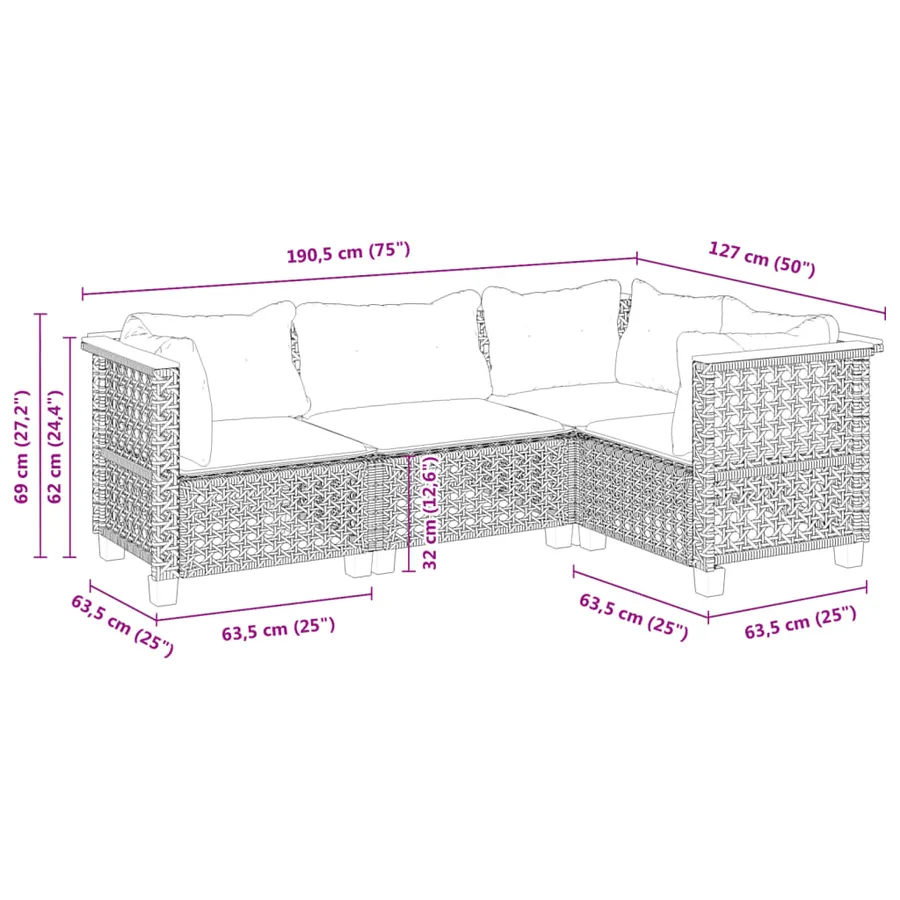 Salon de jardin 4 pcs avec coussins gris résine tressée - 6
