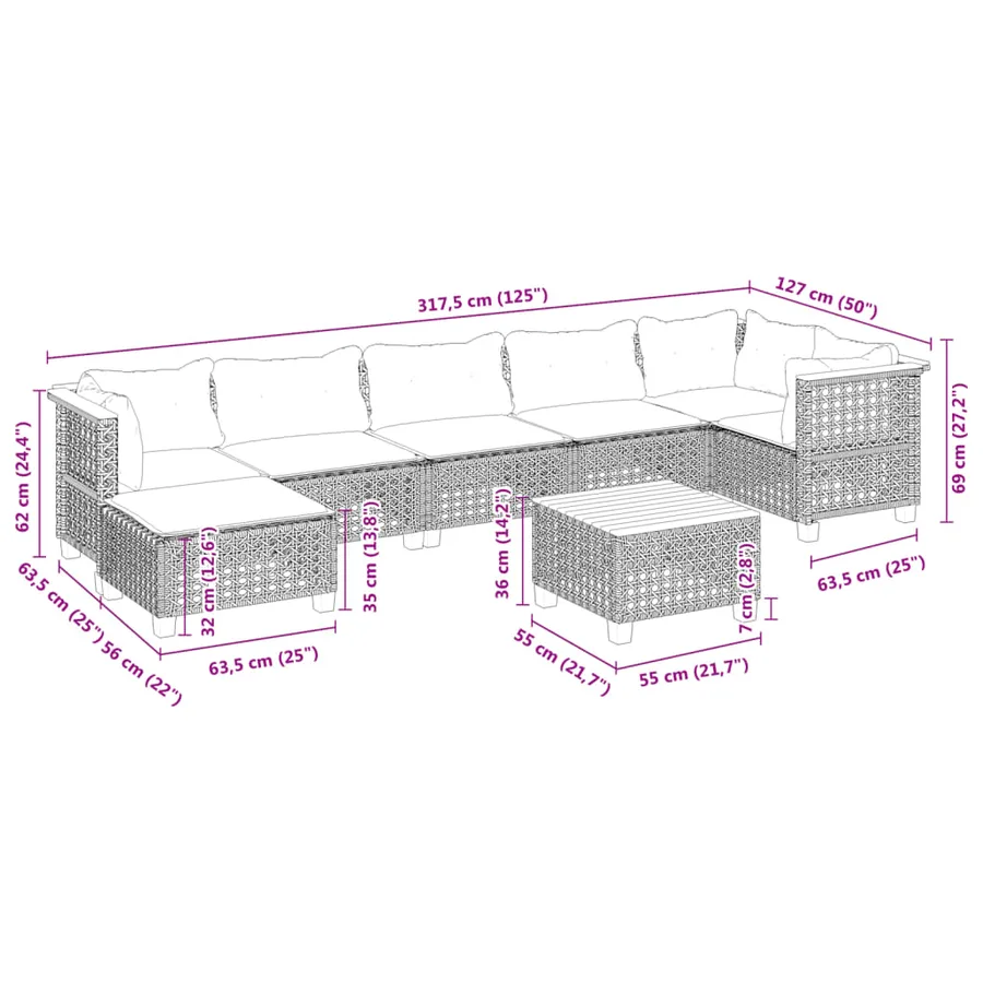 Salon de jardin 8 pcs avec coussins gris résine tressée - 9