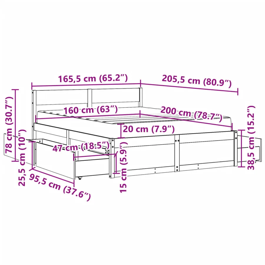 Lit avec tiroirs et matelas blanc 160x200 cm bois massif de pin - 14
