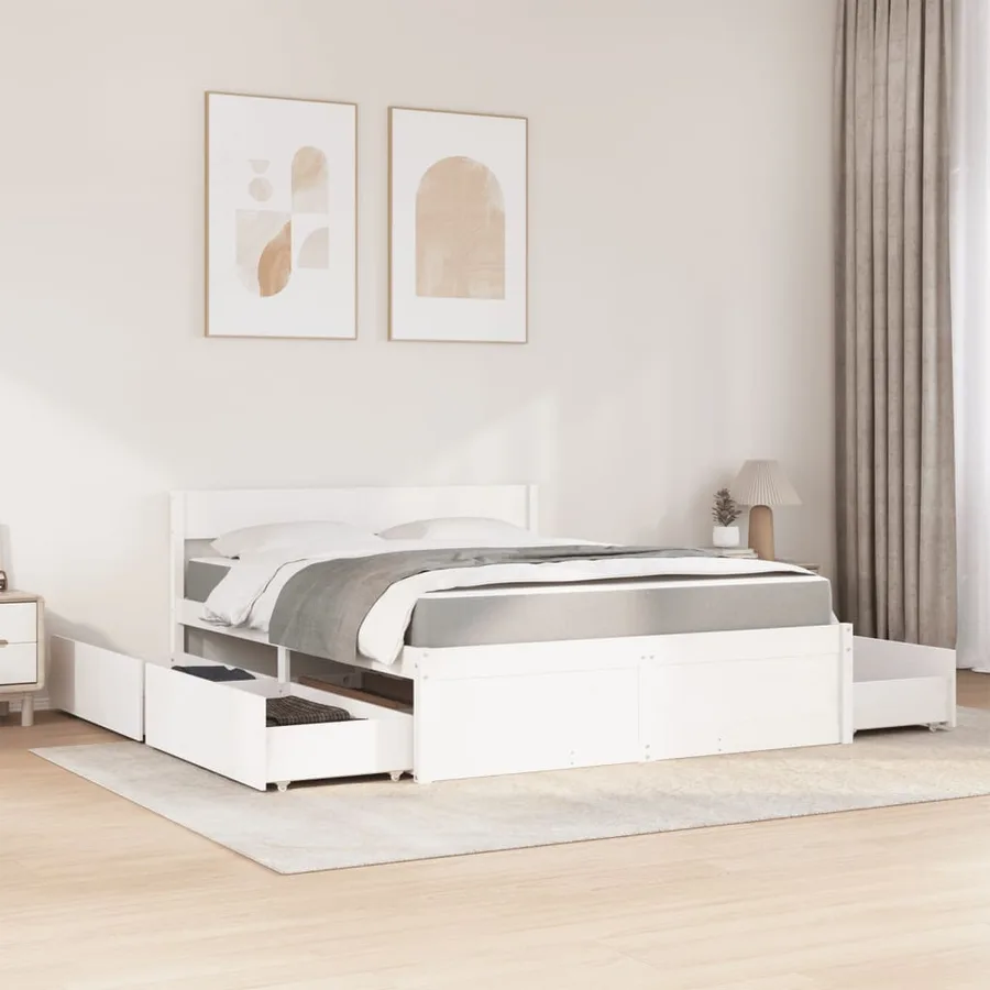 Lit avec tiroirs et matelas blanc 160x200 cm bois massif de pin - 3