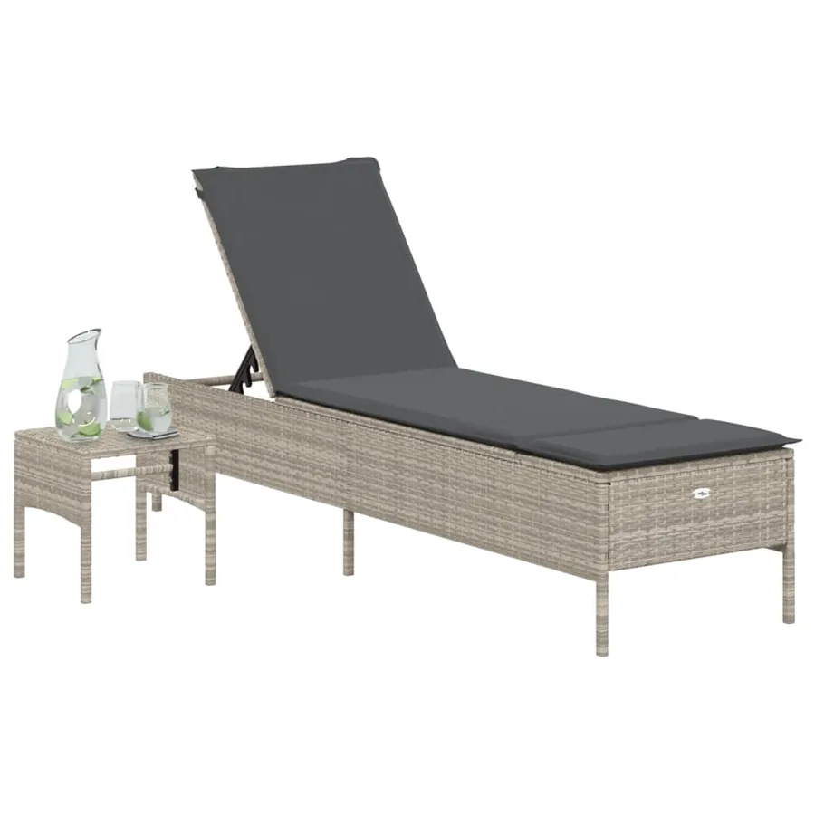 Chaise longue avec table et coussin noir résine tressée - 15