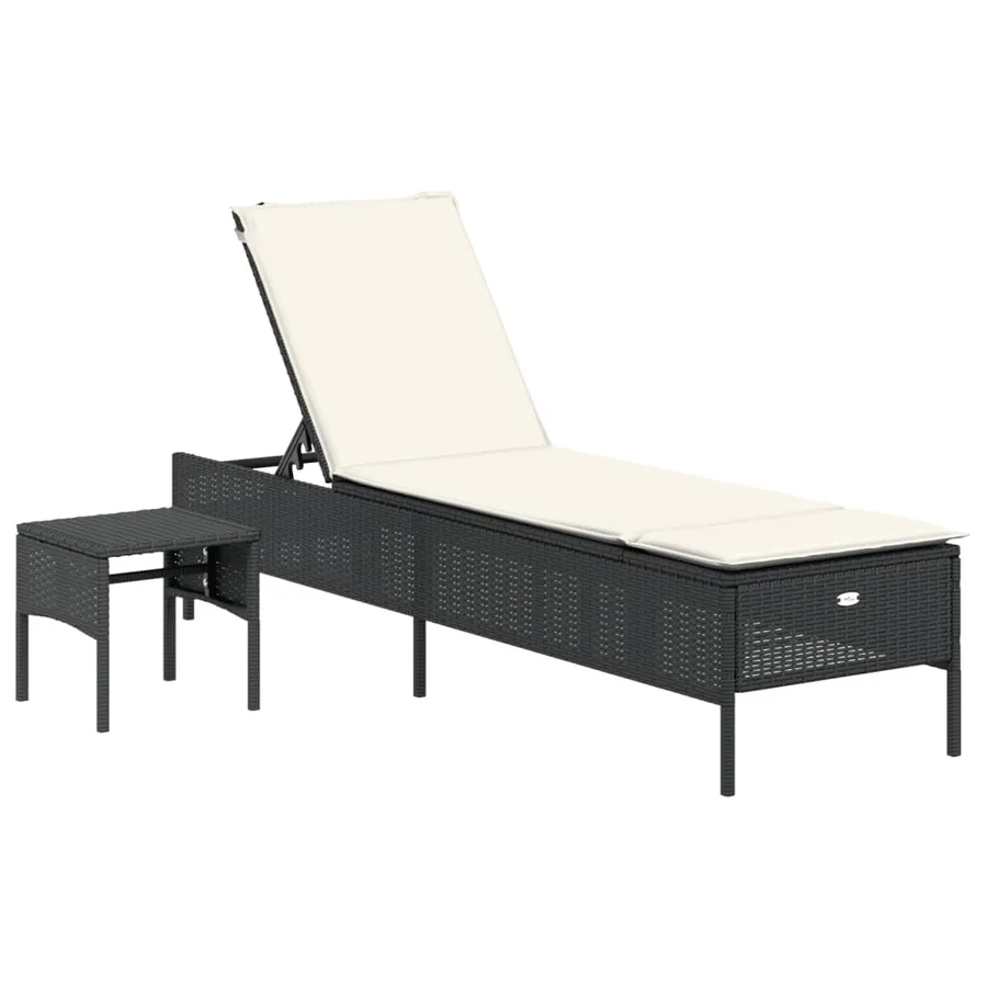 Chaise longue avec table et coussin noir résine tressée - 2