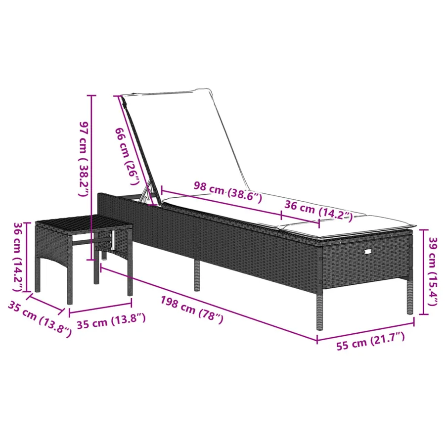 Chaise longue avec table et coussin noir résine tressée - 23