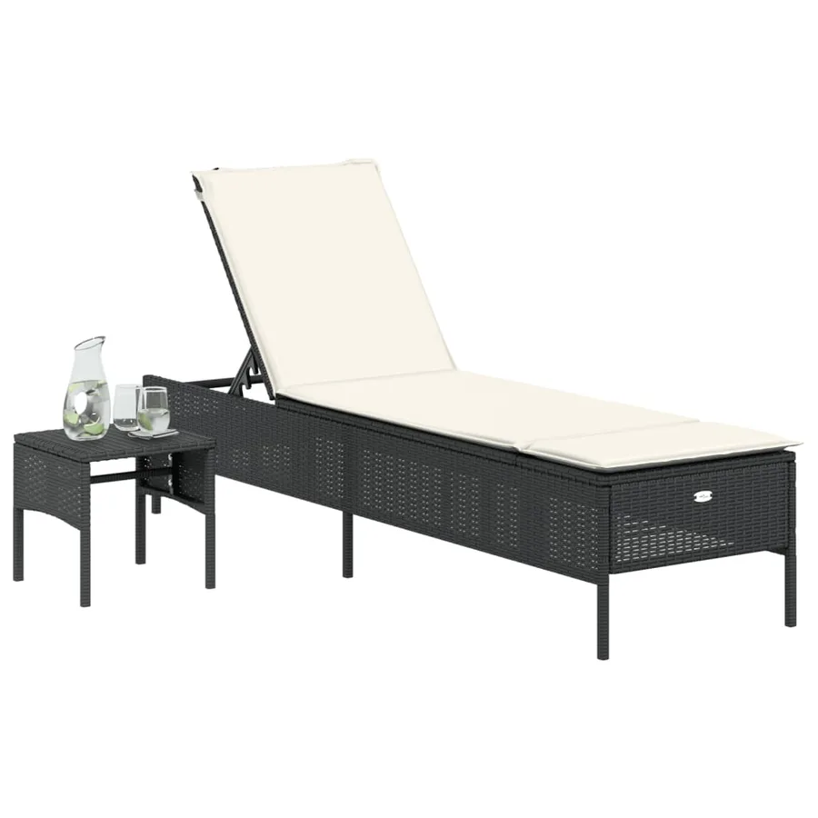 Chaise longue avec table et coussin noir résine tressée - 3