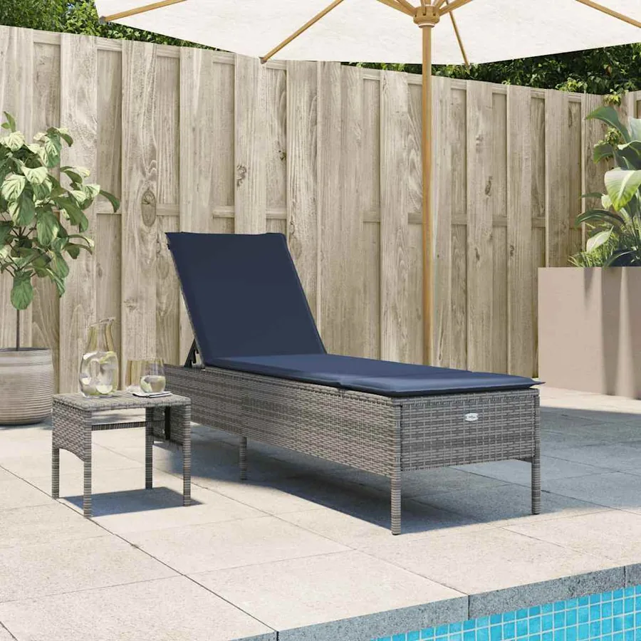 Chaise longue avec table et coussin noir résine tressée - 61