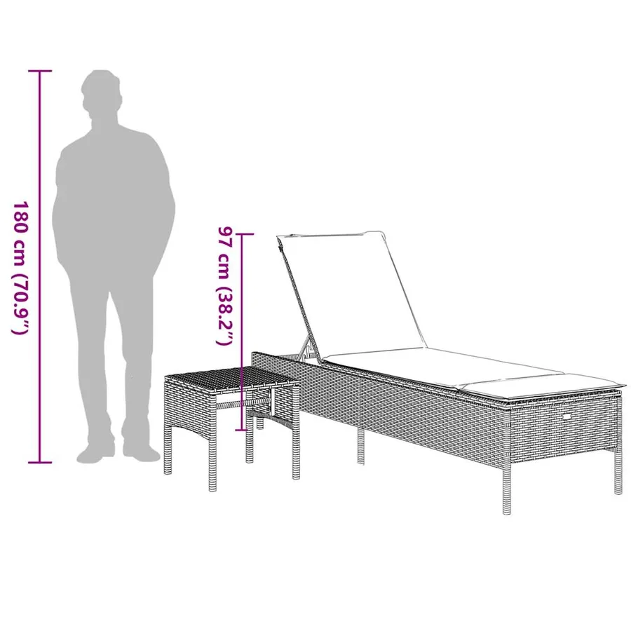 Chaise longue avec table et coussin noir résine tressée - 84