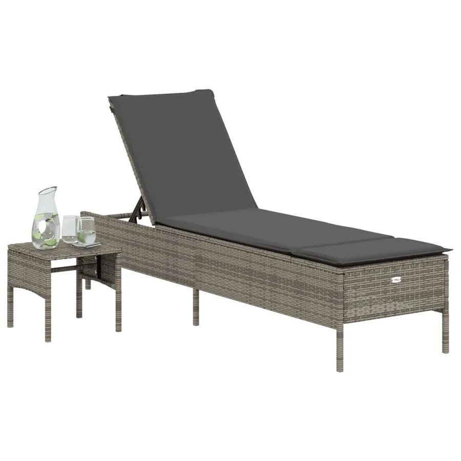 Chaise longue avec table et coussin noir résine tressée - 87