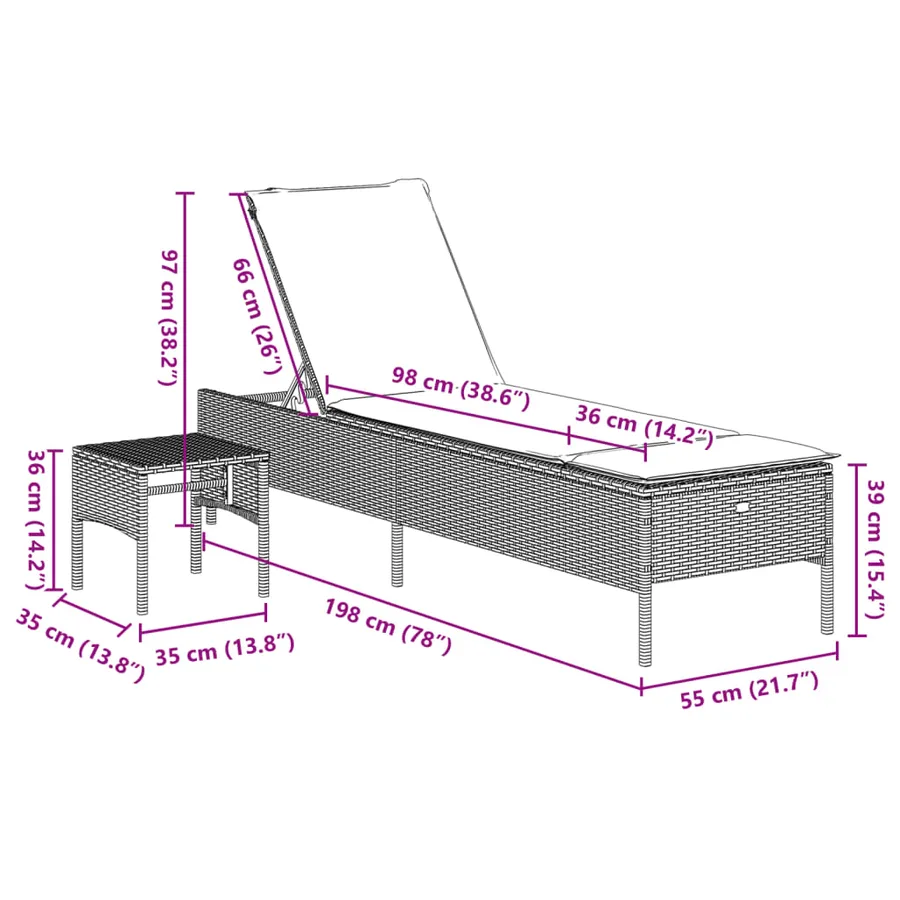 Chaise longue avec table et coussin noir résine tressée - 95
