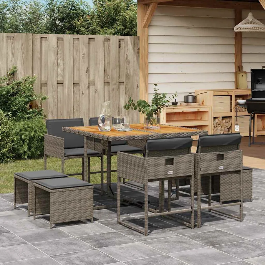 Ensemble à manger de jardin 9 pcs coussins gris résine tressée
