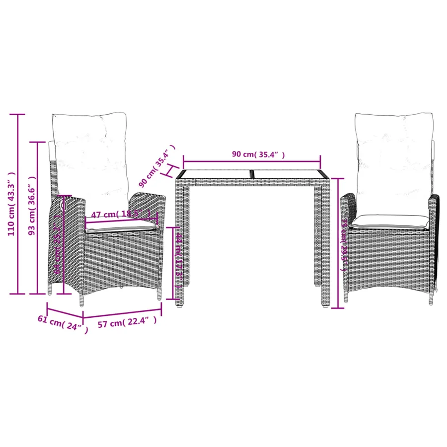 Ensemble à manger de jardin avec coussins 3 pcs Noir - 9