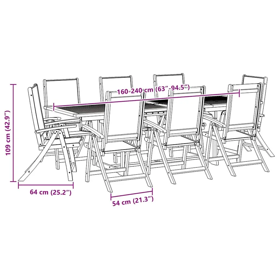 Ensemble à manger de jardin 9pcs bois d'acacia solide textilène - 13