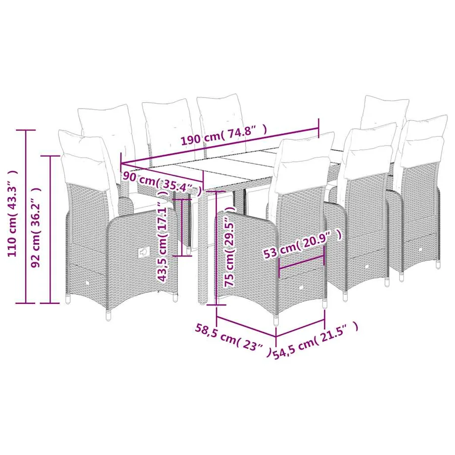 Ensemble de bistro de jardin 9 pcs coussins marron poly rotin - 7