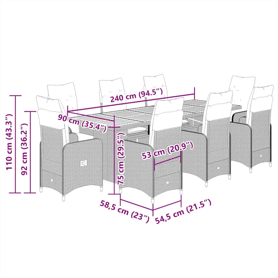 Ensemble de bistro de jardin 11 pcs coussins gris poly rotin - 7