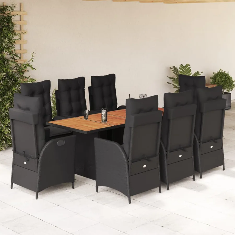 Ensemble à manger de jardin 9pcs coussins noir résine tressée