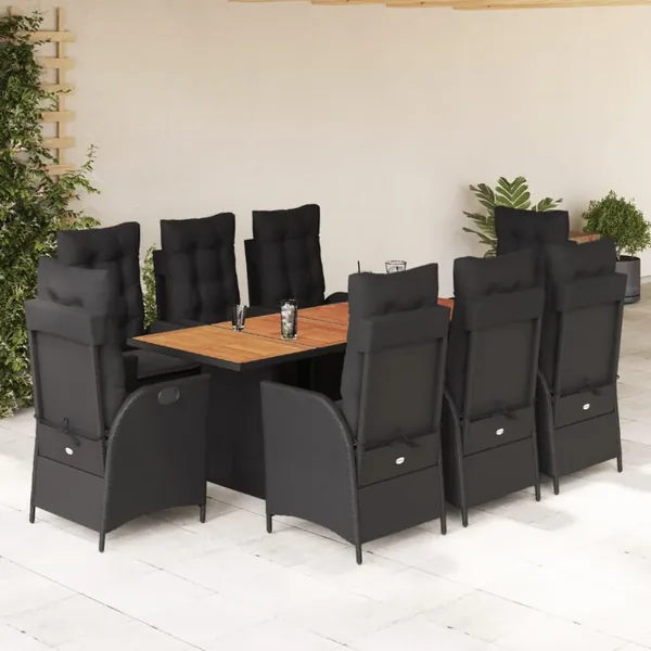 Ensemble à manger de jardin 9pcs coussins noir résine tressée