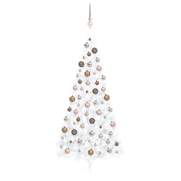 Demi-arbre de Noël artificiel pré-éclairé et boules blanc 240cm