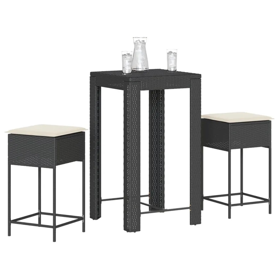 Ensemble de bar de jardin 3 pcs avec coussins noir poly rotin