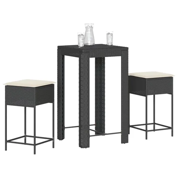 Ensemble de bar de jardin 3 pcs avec coussins noir poly rotin