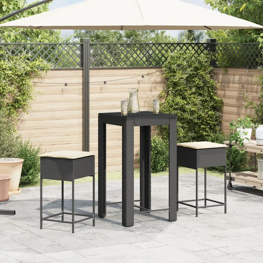 Ensemble de bar de jardin 3 pcs avec coussins noir poly rotin - 3