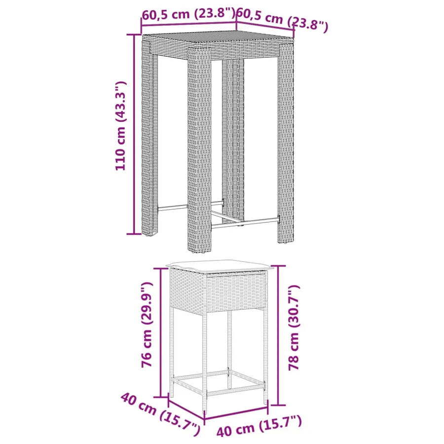 Ensemble de bar de jardin 3 pcs avec coussins noir poly rotin - 8