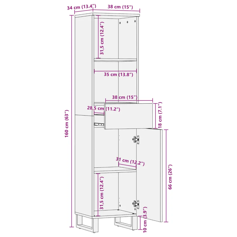 Buffet 38x34x160 cm bois d'acacia massif - 11