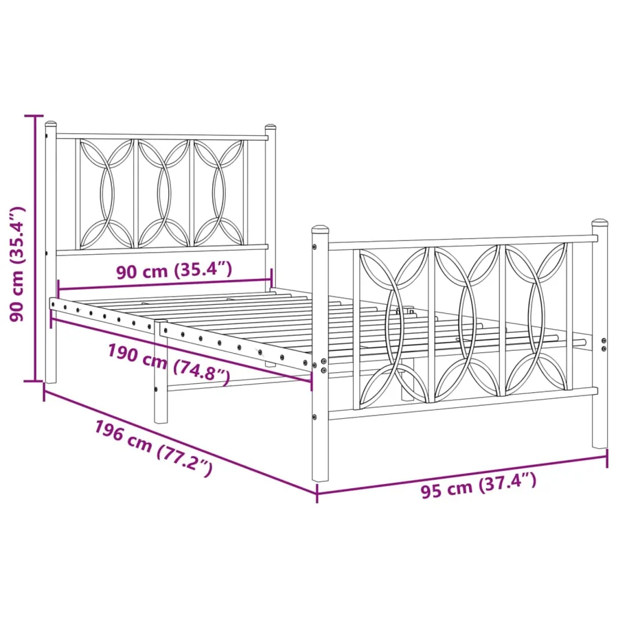 Cadre de lit métal sans matelas avec pied de lit blanc 90x190cm - 8