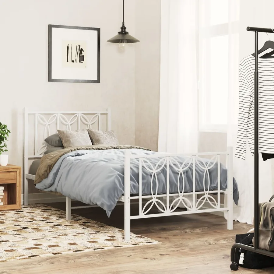 Cadre de lit métal sans matelas avec pied de lit blanc 75x190cm