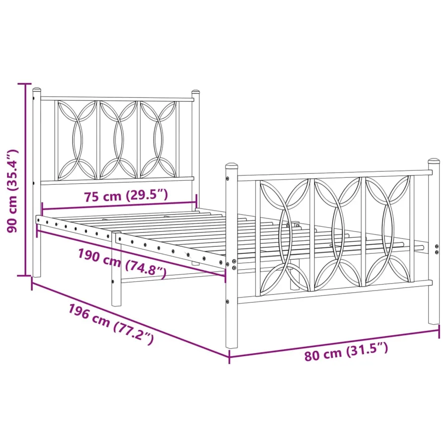 Cadre de lit métal sans matelas avec pied de lit blanc 75x190cm - 8