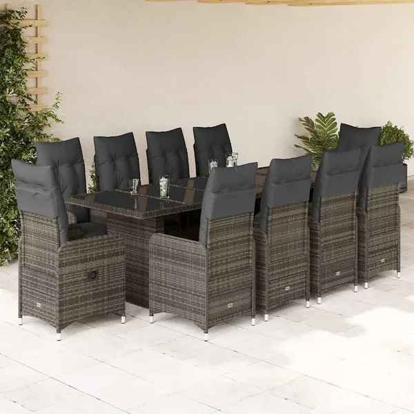 Ensemble de bistro de jardin 11 pcs coussins gris poly rotin