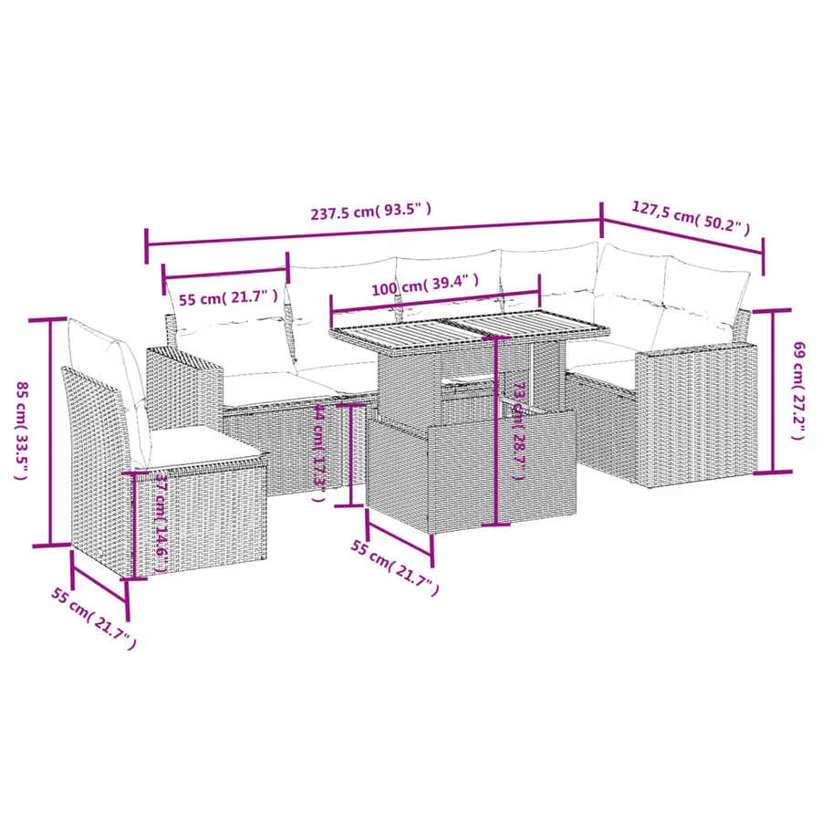 Salon de jardin avec coussins 7 pcs beige résine tressée - 3